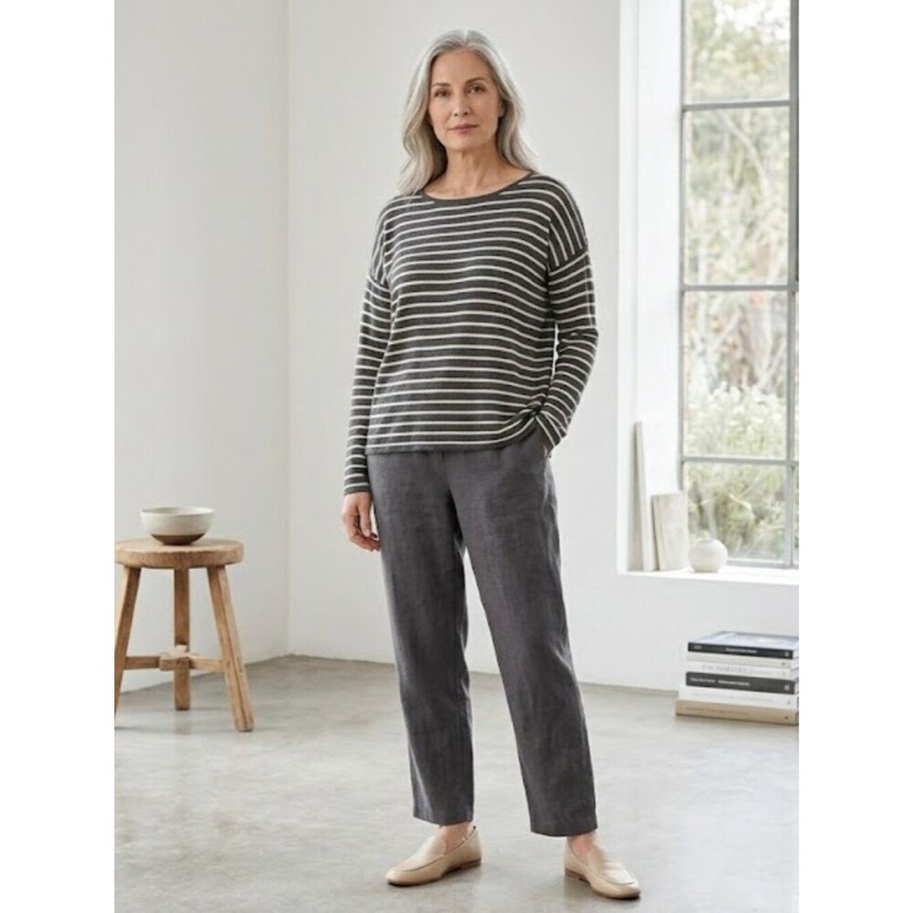 Eileen Fisher Striped Tencel Merino Wool Knit Top Gray White Petite Small PS NWO
